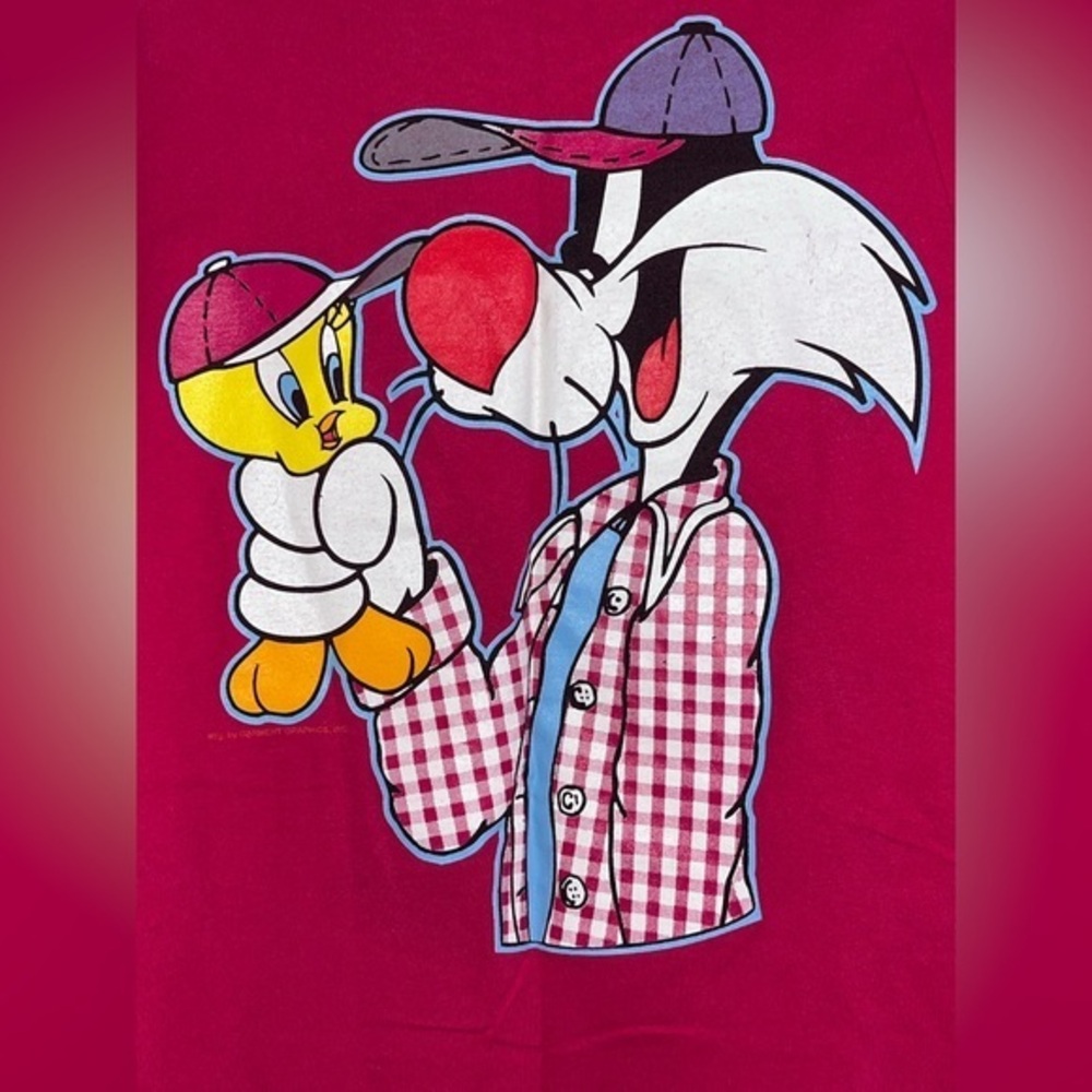 Vintage Tweety Bird Sylvester Cat Graphic Shirt Pink Size Medium Lenticular 1996